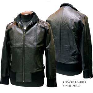 画像2: 本革/牛皮革 リサイクルレザー スタンドカラー ジャケット 黒 ブラック